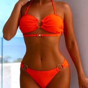 O-Ring Ruched Halter Bikini Set Orange